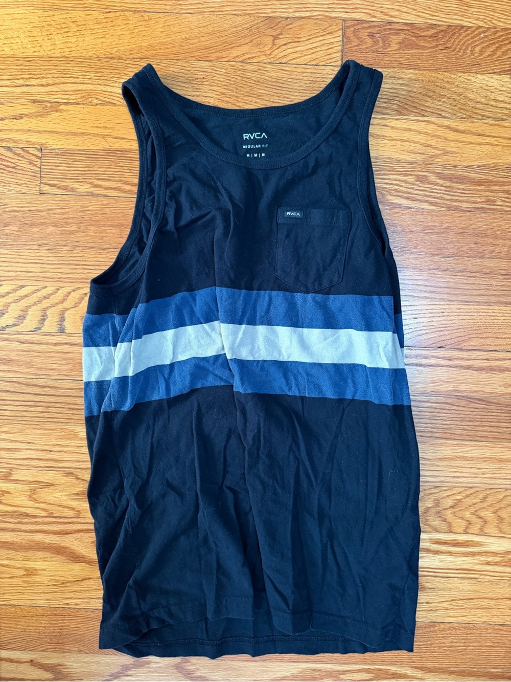 RVCA Black Tank Top with Blue and Light Blue Stripes